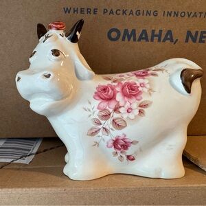Rosie the Cow Ceramic Floral vintage piggy bank- Pink Rose Accent‎
